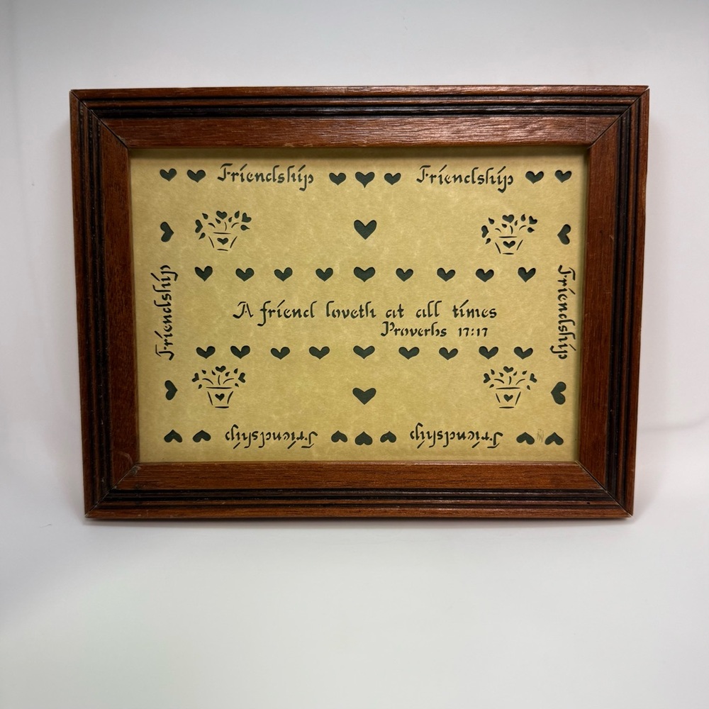 1985 Design with Scissors, “A Friend Loveth At All Times” framed wall art. 5x7.